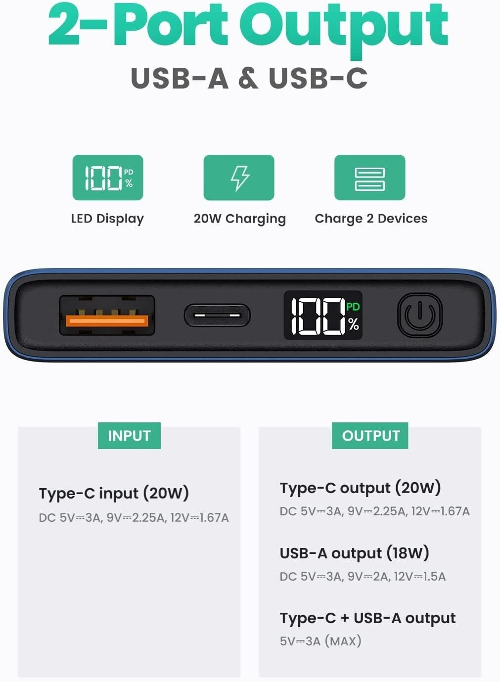 TOPK Power Bank, 20W PD QC 3.0 USB C Fast Charging 10000mAh