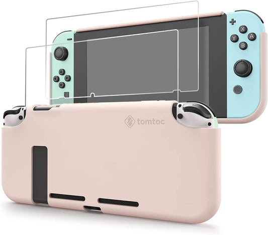 tomtoc Protective Case for Nintendo Switch, Liquid Silicone Case with [2PCS] Screen Protector Support Switch Stand and Joy-Con Detachable, Shock-Absorption and Scratch-Resistant Grip Cover, Pink