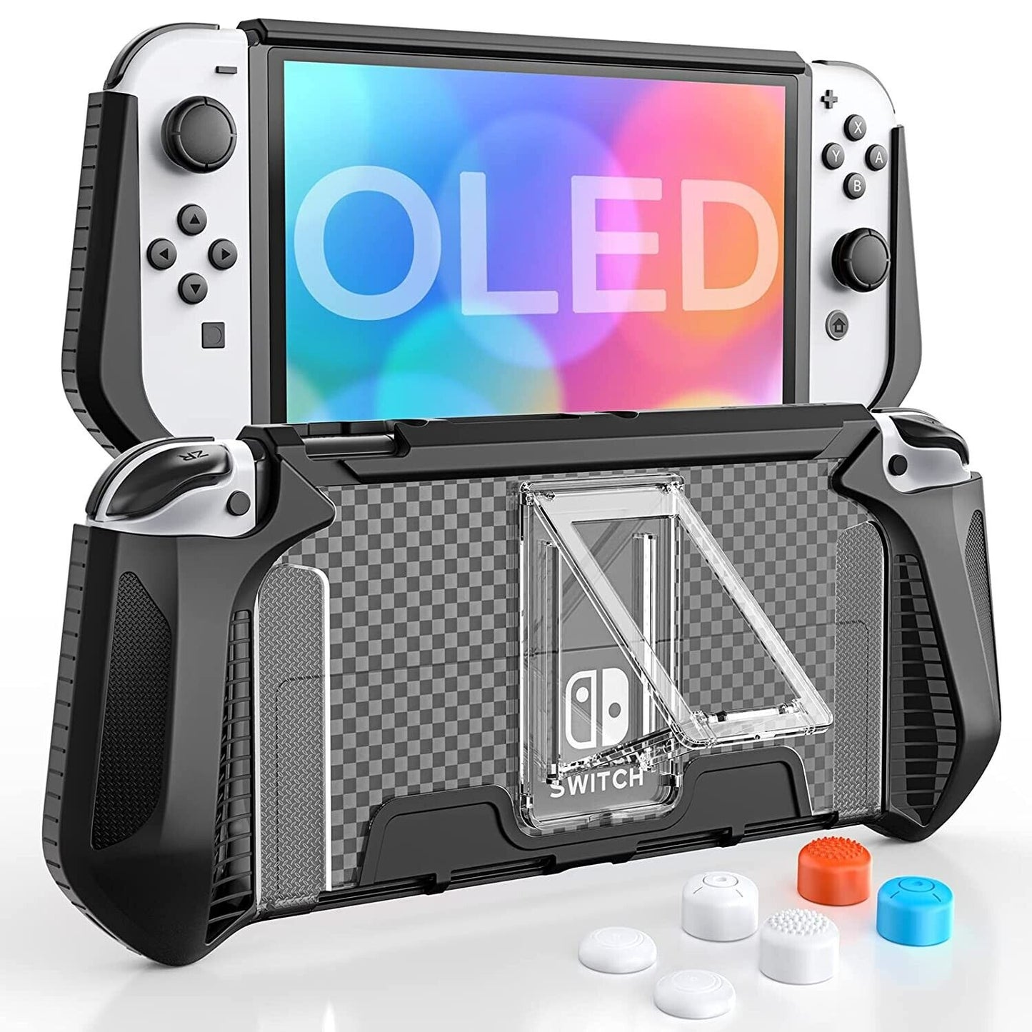 HEYSTOP Switch OLED Case with Fixed Stand, TPU Protective Case Compatible with Nintendo Switch OLED Model Cover Case with 6 Pack Thumb Caps