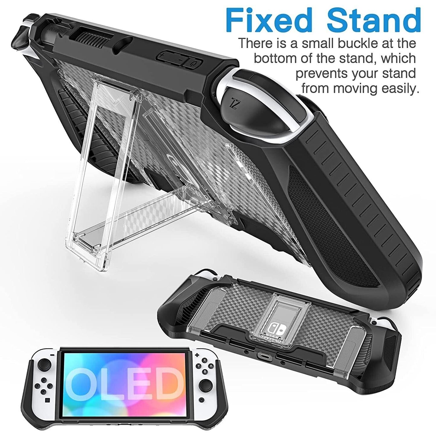 HEYSTOP Switch OLED Case with Fixed Stand, TPU Protective Case Compatible with Nintendo Switch OLED Model Cover Case with 6 Pack Thumb Caps