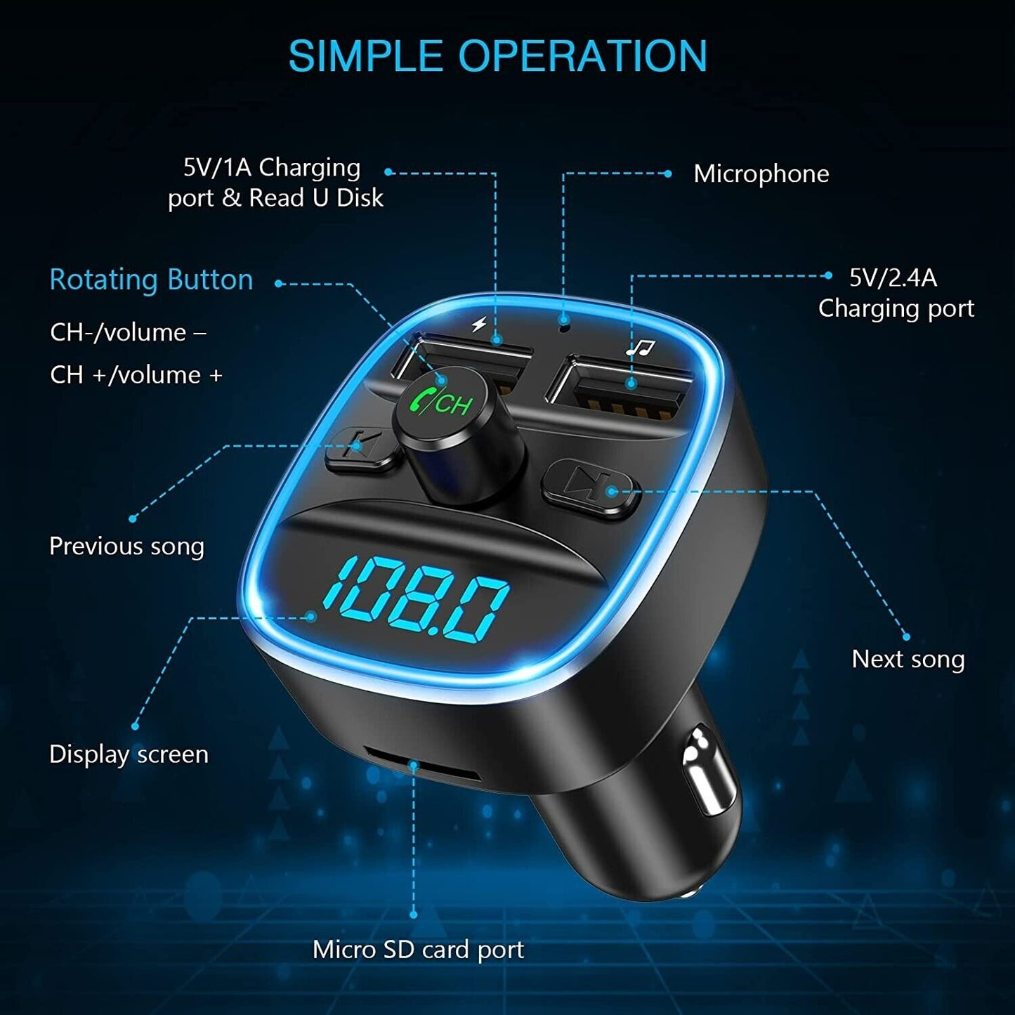 ORIA Bluetooth FM Transmitter for Car, [2022 Upgraded] Wireless in-Car Radio Adapter Car Kit, Universal Car Charger with Dual USB Charging, Hands-Free Calling, Music Player Supports TF Card & USB Disk