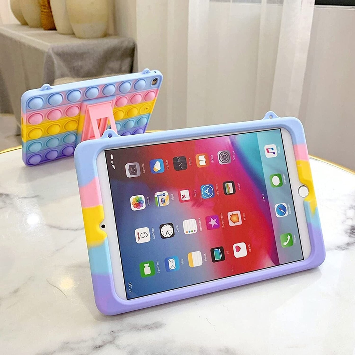 XZC Push Pop Fidget Toys Case for iPad 2019/2020/2021 (7th/8th/9th) 10.2inch Silicone Shockproof Full Body Protection Tablet Cover with Fold Kickstand and Lanyard (iPad 2019/2020/2021 10.2)