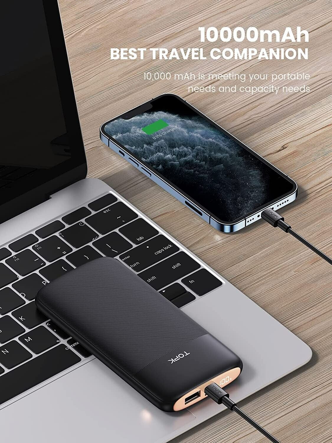 TOPK Portable Charger, 3A 10000mAh USB C Power Bank with LED Display Power Bank Compatible with iPhone 13 12 Pro Xs Samsung Huawei Battery Pack