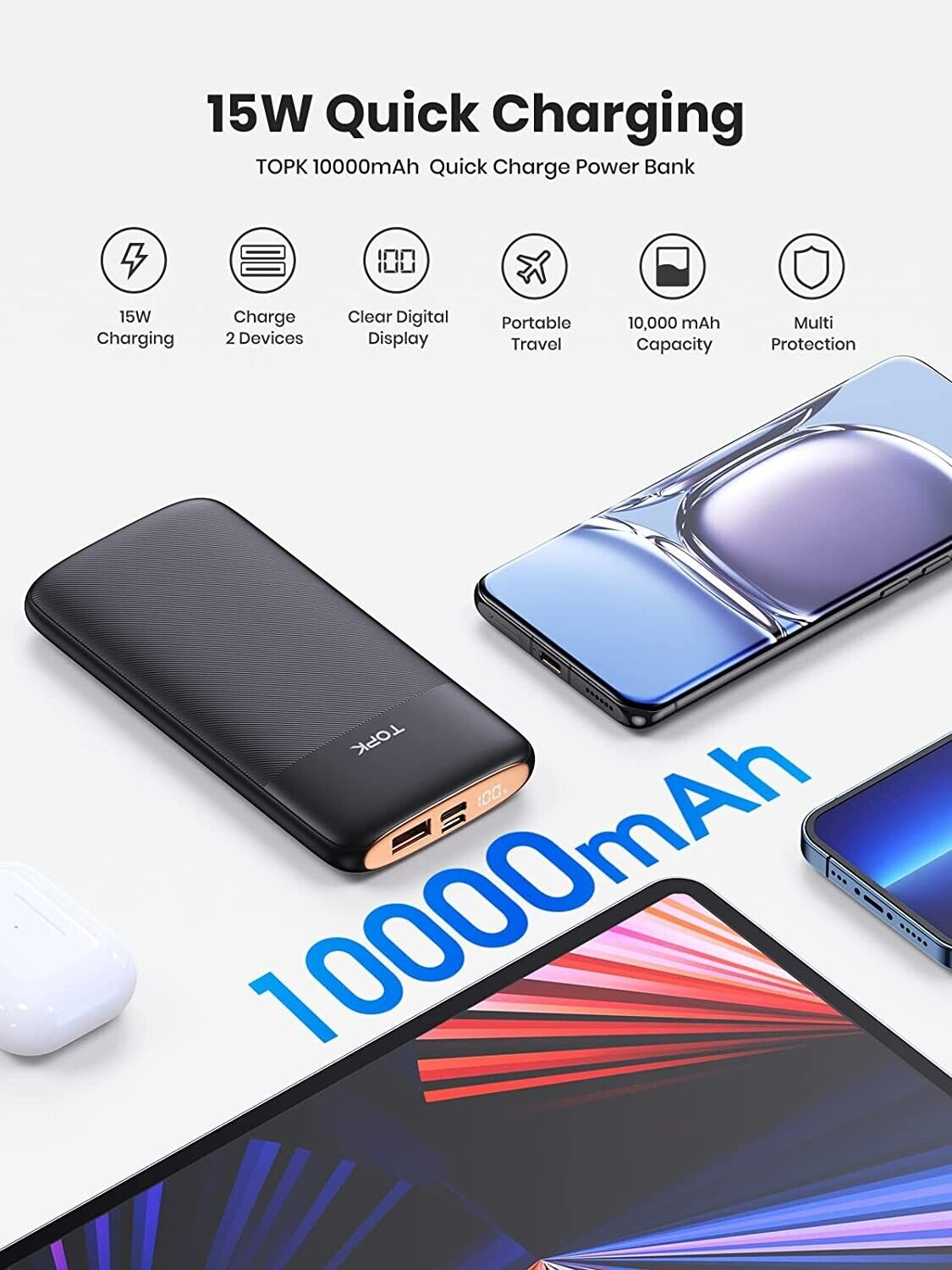 TOPK Portable Charger, 3A 10000mAh USB C Power Bank with LED Display Power Bank Compatible with iPhone 13 12 Pro Xs Samsung Huawei Battery Pack