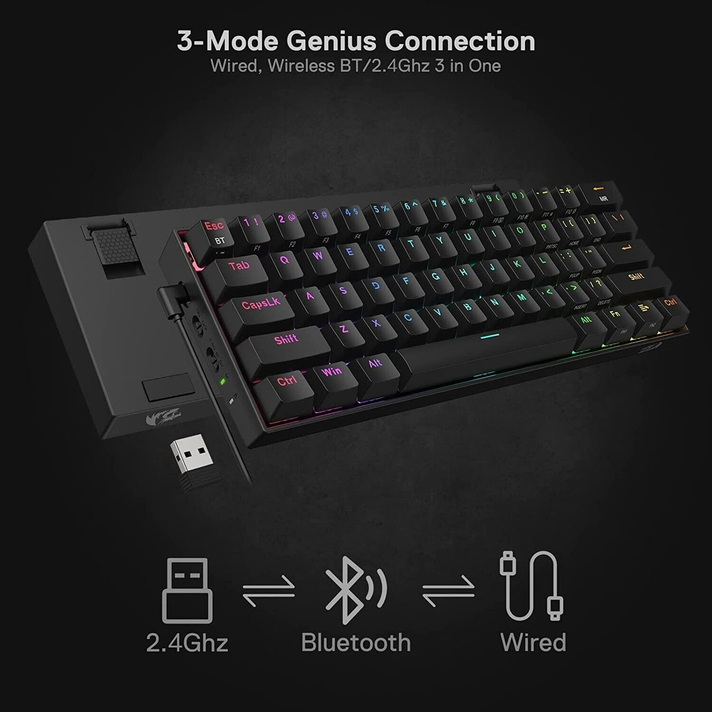 Redragon K530 Pro Draconic 60% Wireless RGB Mechanical Keyboard, Bluetooth/2.4Ghz/Wired 3-Mode 61 Keys Compact Gaming Keyboard w/100% Hot-Swap Socket