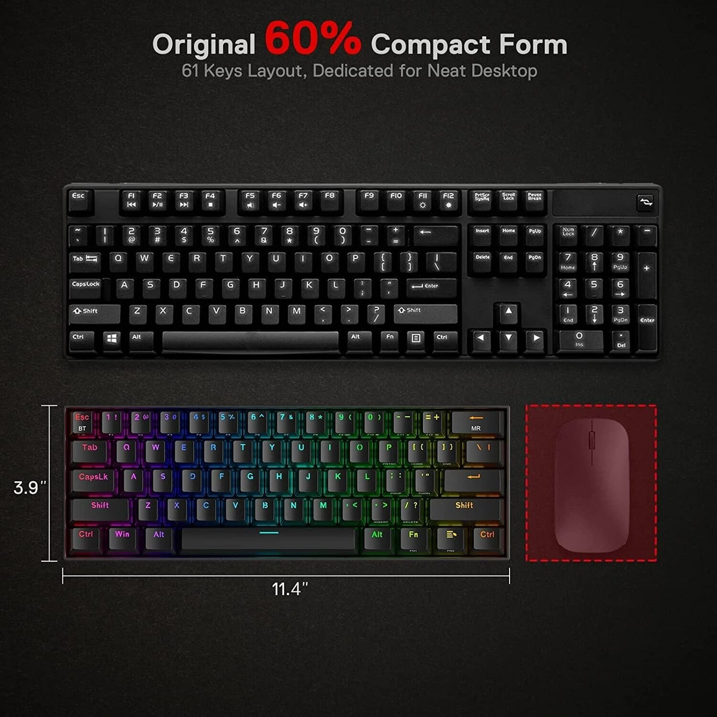 Redragon K530 Pro Draconic 60% Wireless RGB Mechanical Keyboard, Bluetooth/2.4Ghz/Wired 3-Mode 61 Keys Compact Gaming Keyboard w/100% Hot-Swap Socket