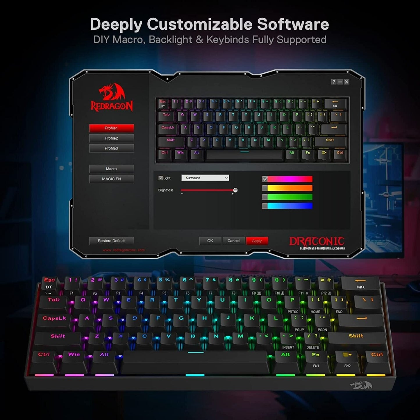 Redragon K530 Pro Draconic 60% Wireless RGB Mechanical Keyboard, Bluetooth/2.4Ghz/Wired 3-Mode 61 Keys Compact Gaming Keyboard w/100% Hot-Swap Socket