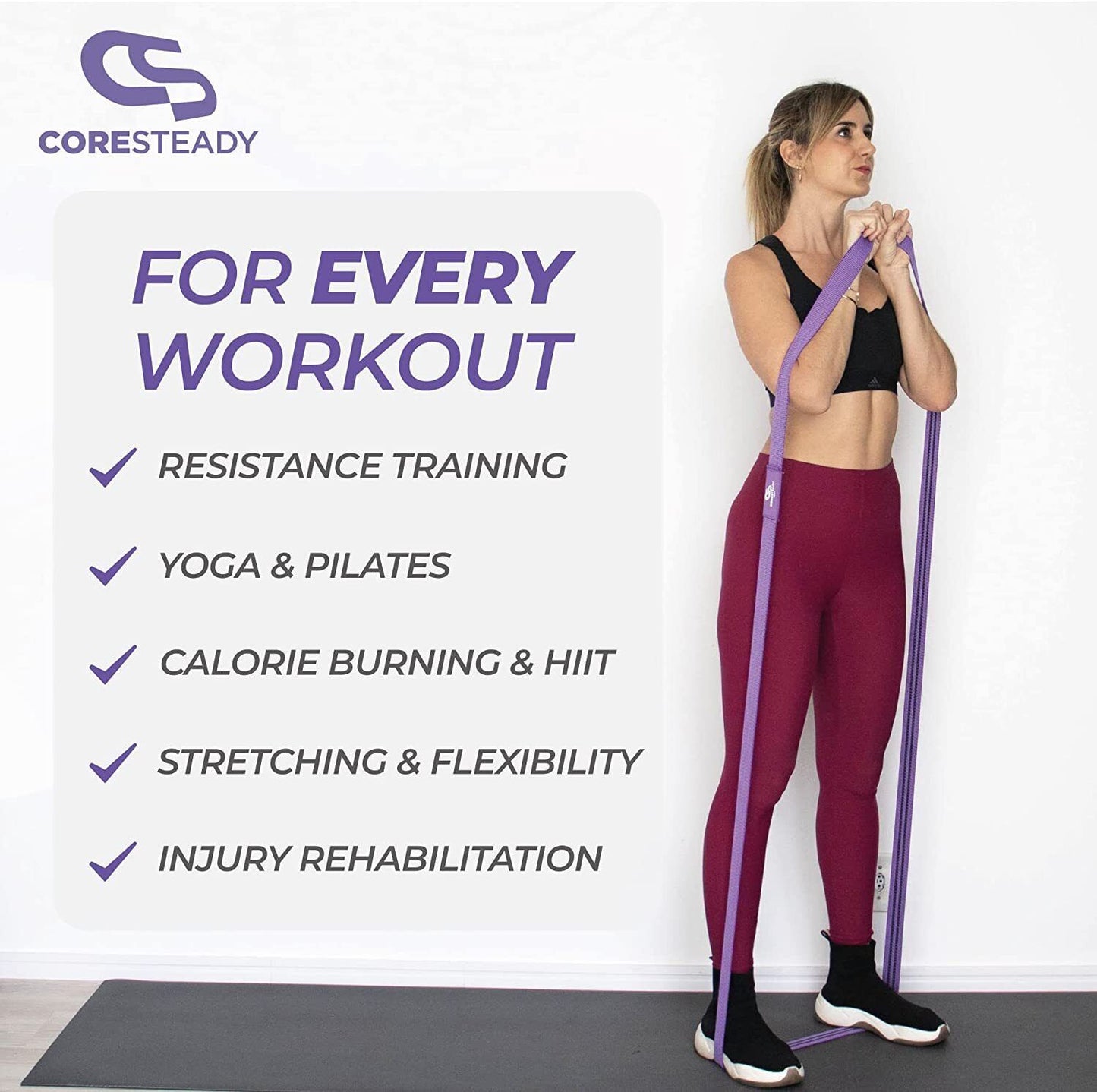 Coresteady Resistance Band For Men & Women - Exercise Band to Build Strength, Flexibility, Muscle & Tone - For Fitness, Stretching, Pilates, Physio & Yoga - With Exercise Guide