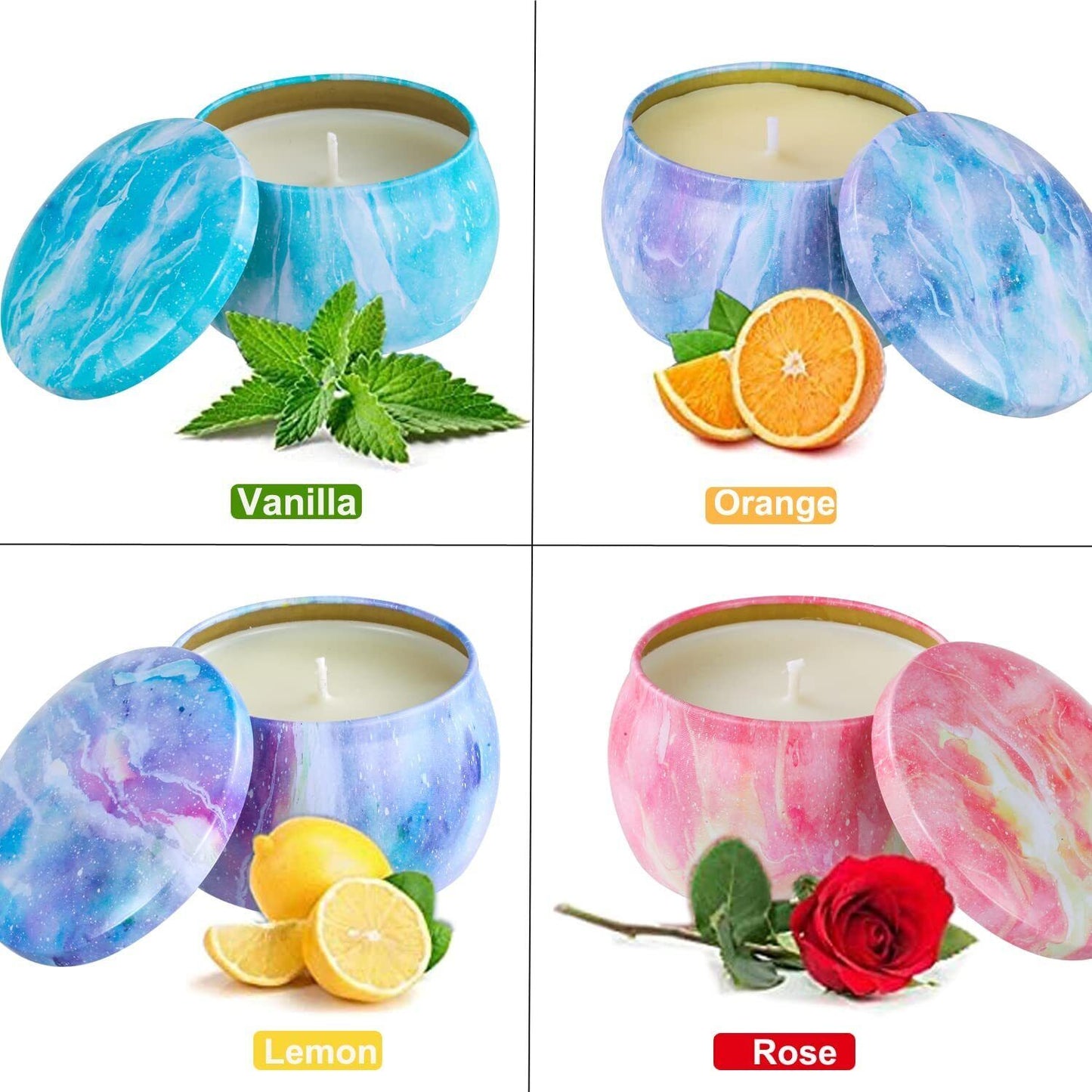 Scented Candles Gift Set for Women, Rose Vanilla Orange Lemon 4 Pack 4.4 Oz 100% Natural Soy Wax Candles with 8% Strongly Fragrance Essential Oils for Stress Relief or Christmas Birthday Mother's Day