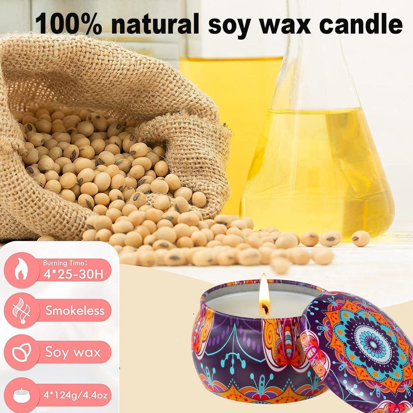 Scented Candles Gift Set for Women, Rose Vanilla Orange Lemon 4 Pack 4.4 Oz 100% Natural Soy Wax Candles with 8% Strongly Fragrance Essential Oils for Stress Relief or Christmas Birthday Mother's Day