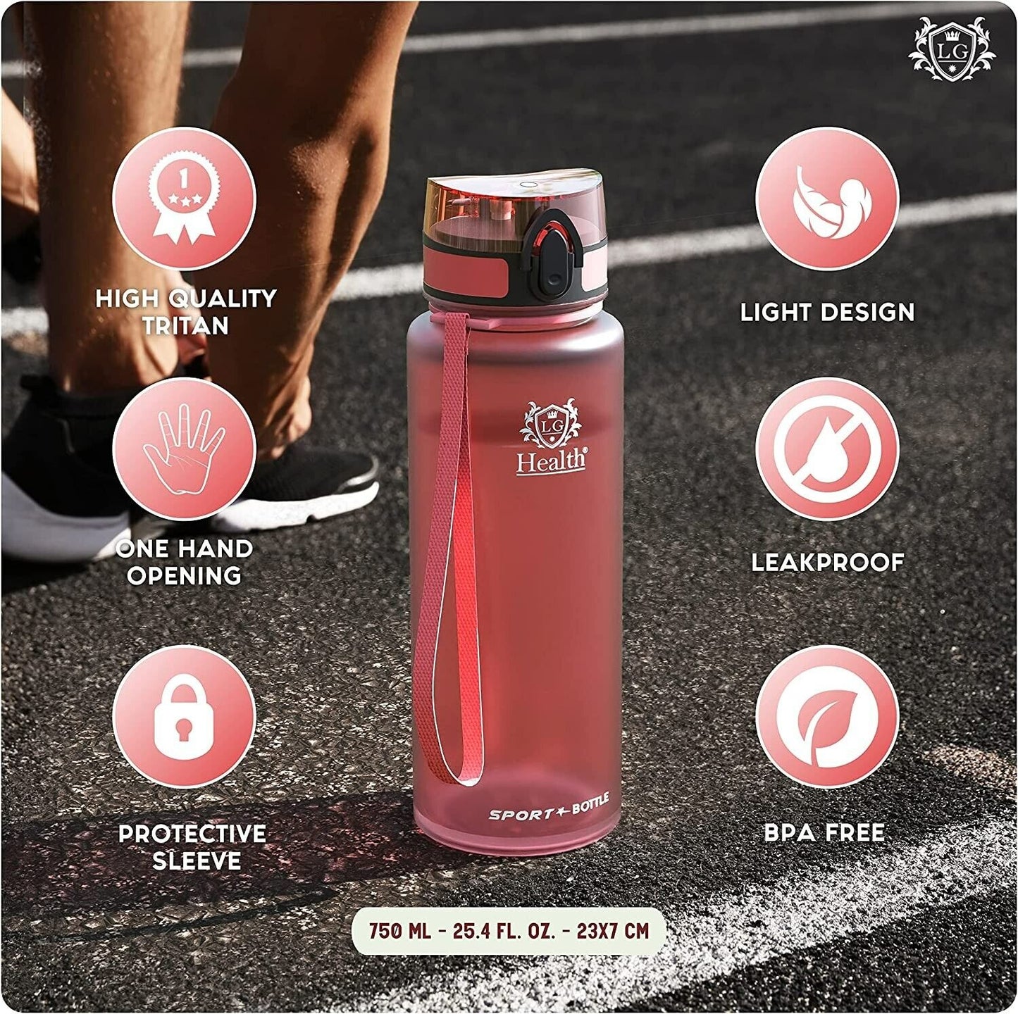 LG Luxury & Grace Sports Water Bottle 350 ml. Tritan Gym Bottle. BPA & BPS Free. Airtight Safety Closure and Push Button Opening. Reusable Bottle with Neoprene Sleeve.