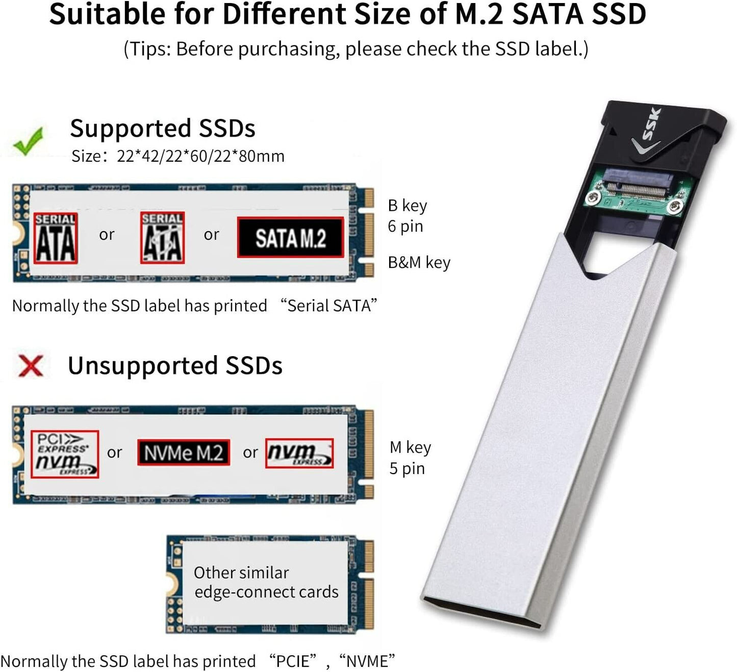 SSK Aluminum USB 3.2 Gen 1 to M.2 SATA NGFF SSD Enclosure Adapter, External SATA Based M.2 Solid State Drive Enclosure Reader (For M.2 SATA SSD only)