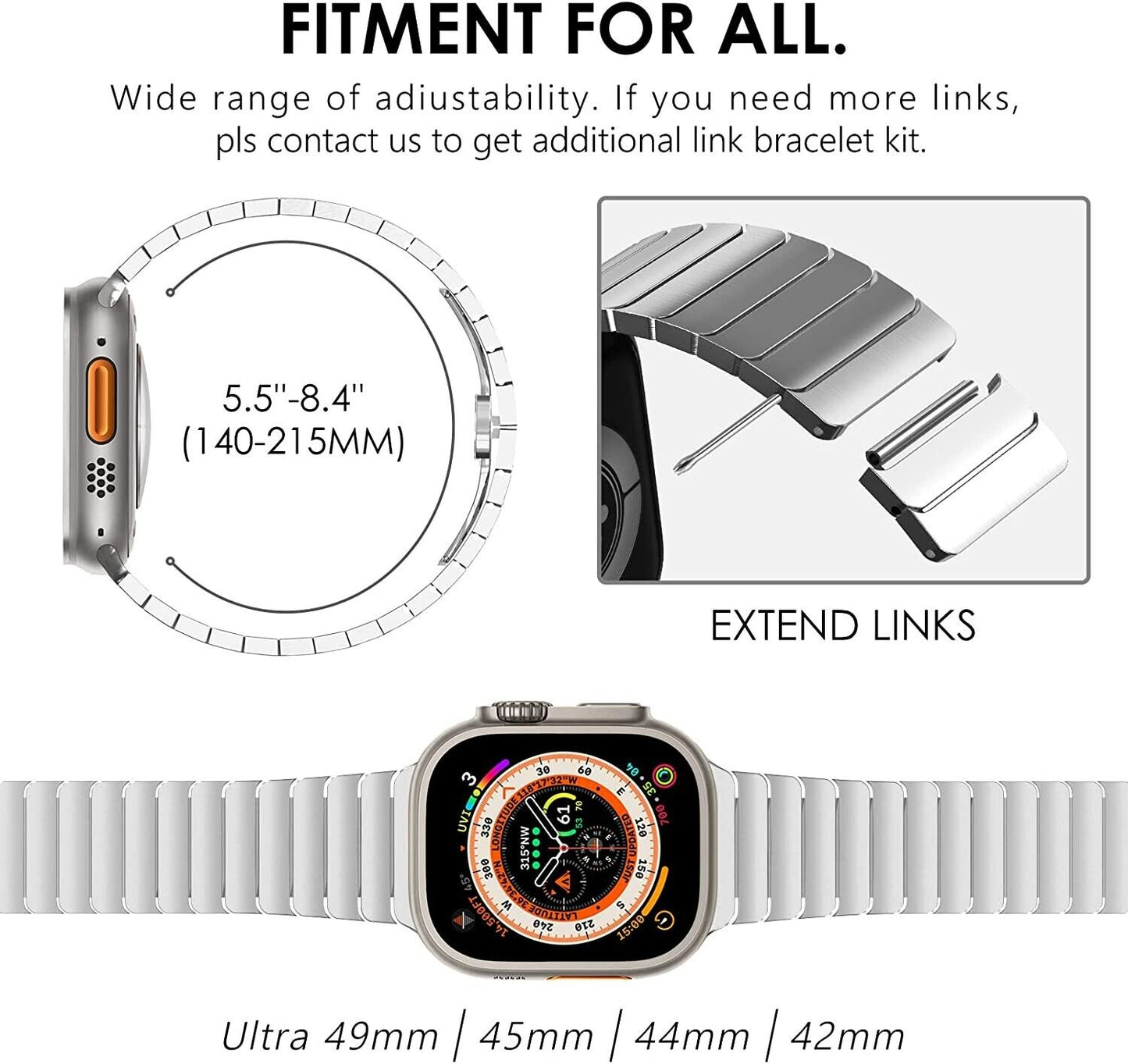 KADES Compatible for Apple Watch Strap Ultra 49mm 45mm 44mm 42mm,Man Women Solid Stainless Steel Link Bracelet Metal Band for iWatch 49mm 45mm 44mm 42mm SE, Series 8 7 6 5 4 3 2 1(2022/2023),Silver