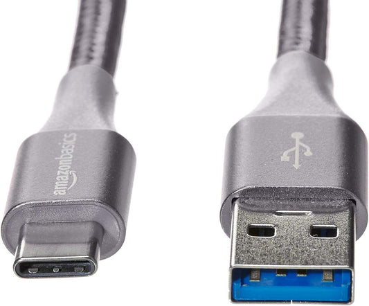 Amazon Basics Double Braided Nylon USB Type-C to Type-A 3.1 Gen 1 Cable | 0.3 m, Dark Grey