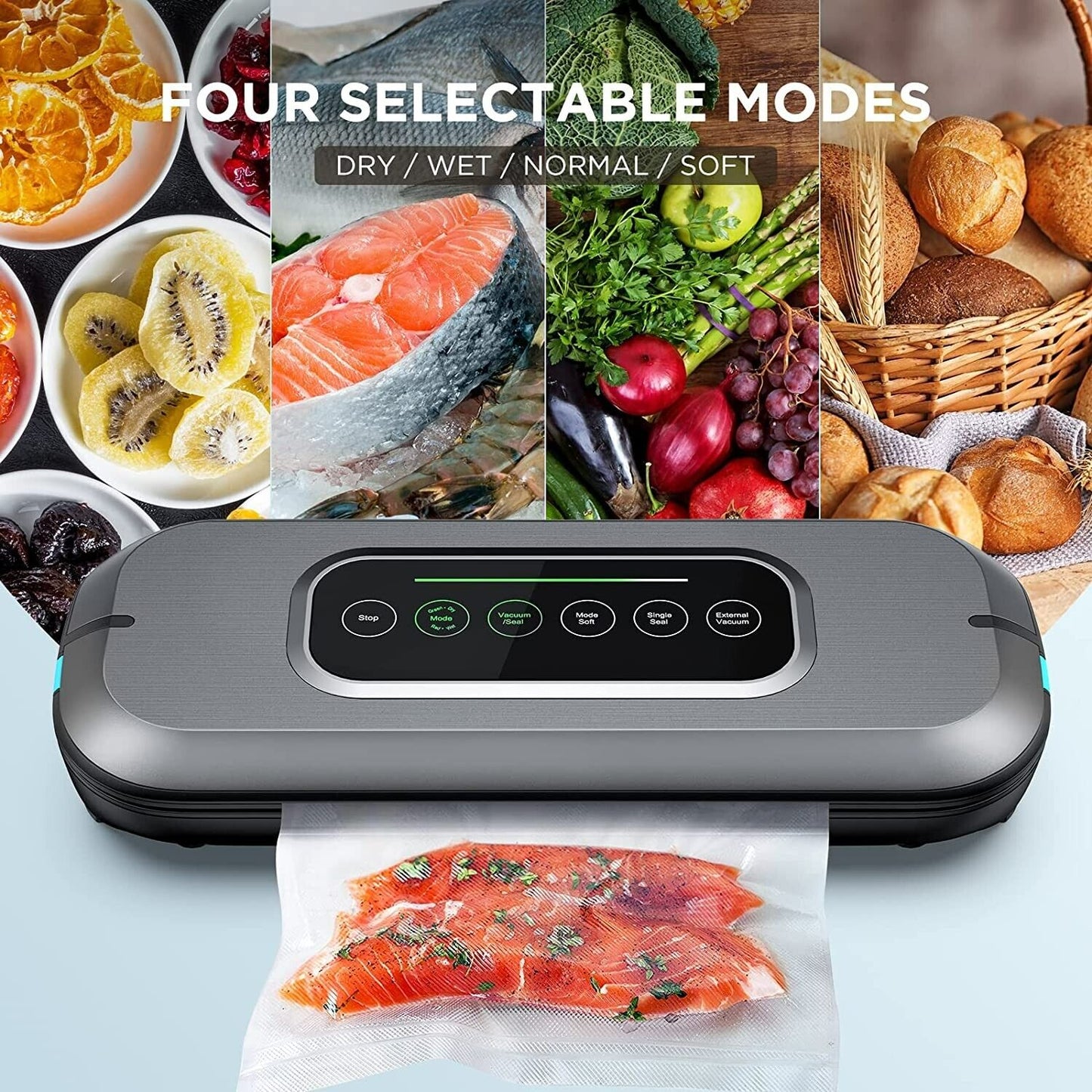 Vacuum Sealer, Automatic Vacuum Sealer 6-in-1 for Sous Vide Cooking, Food Sealer Machine with Dry/ Soft/ Moist Modes, LED Progress Bar, External Vacuum Function and 10 Vacuum Sealer Bags