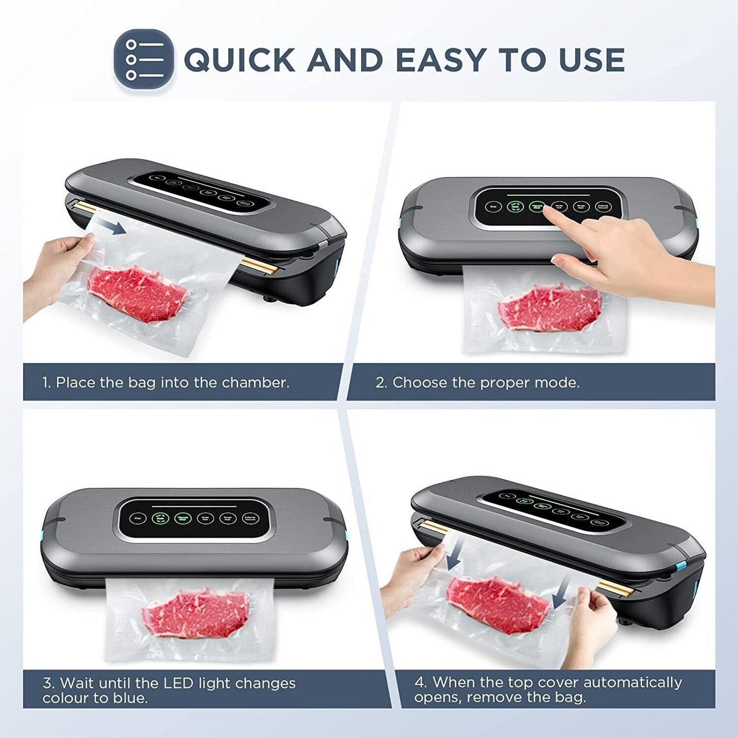 Vacuum Sealer, Automatic Vacuum Sealer 6-in-1 for Sous Vide Cooking, Food Sealer Machine with Dry/ Soft/ Moist Modes, LED Progress Bar, External Vacuum Function and 10 Vacuum Sealer Bags