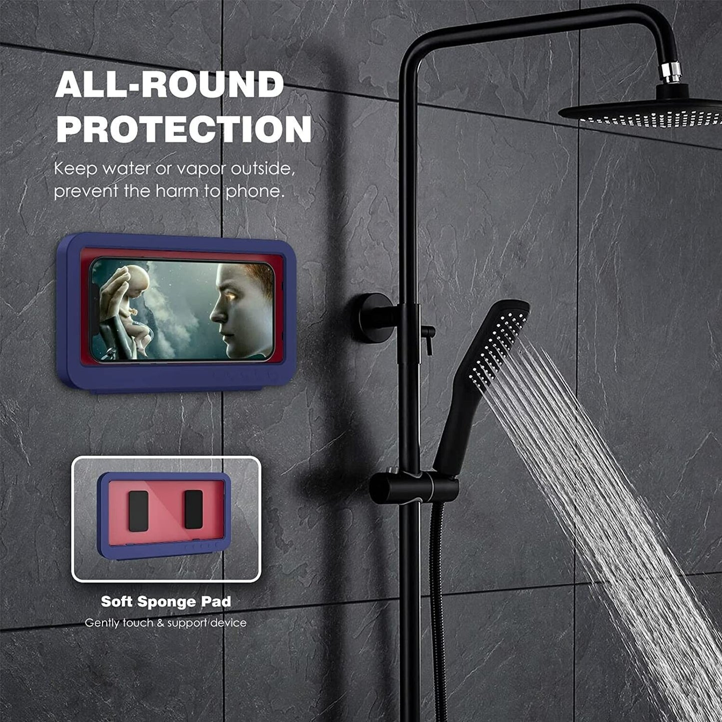 MoKo Shower Phone Holder Waterproof, Anti-fog Wall Mount Phone Holder for Bathroom Kitchen 180°Free Rotation Screen Touchable Bathroom Smartphone Holder