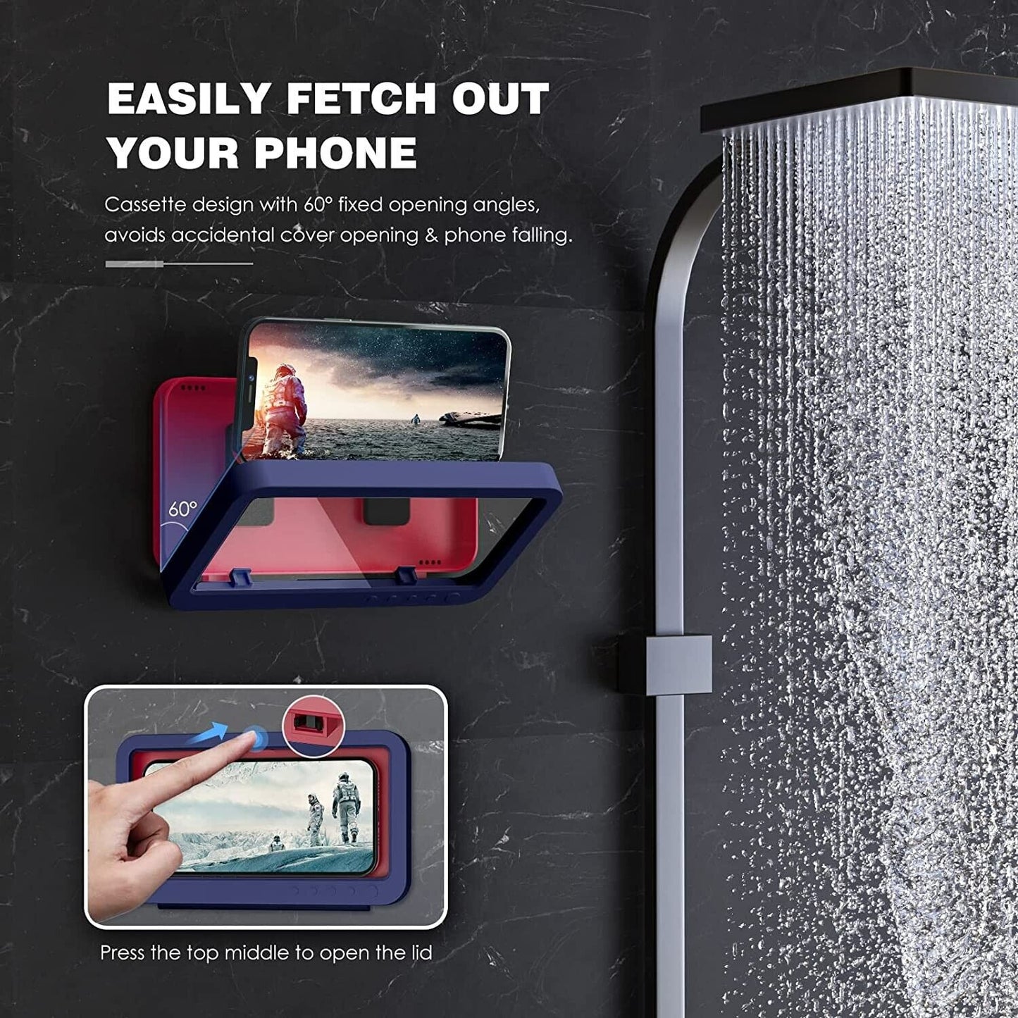 MoKo Shower Phone Holder Waterproof, Anti-fog Wall Mount Phone Holder for Bathroom Kitchen 180°Free Rotation Screen Touchable Bathroom Smartphone Holder