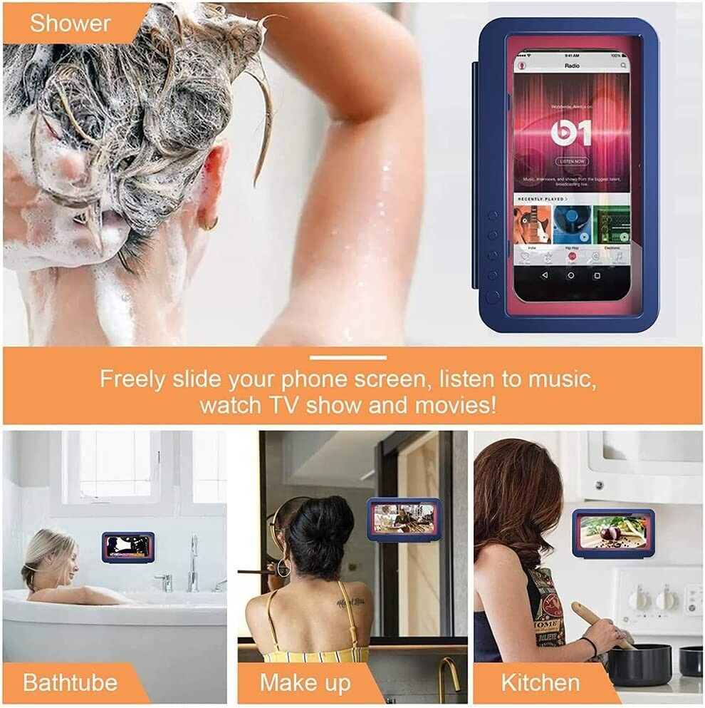 MoKo Shower Phone Holder Waterproof, Anti-fog Wall Mount Phone Holder for Bathroom Kitchen 180°Free Rotation Screen Touchable Bathroom Smartphone Holder