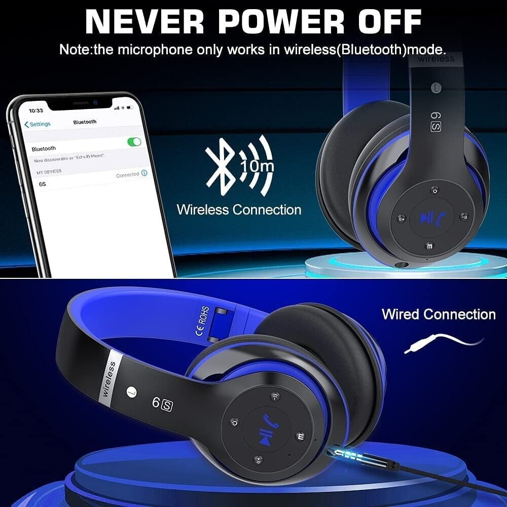 6S Wireless Headphones Over Ear Hi Fi Stereo Foldable Wireless Stereo Headsets Earbuds with Built in Mic Micro SD TF FM for iPhone Samsung iPad PC