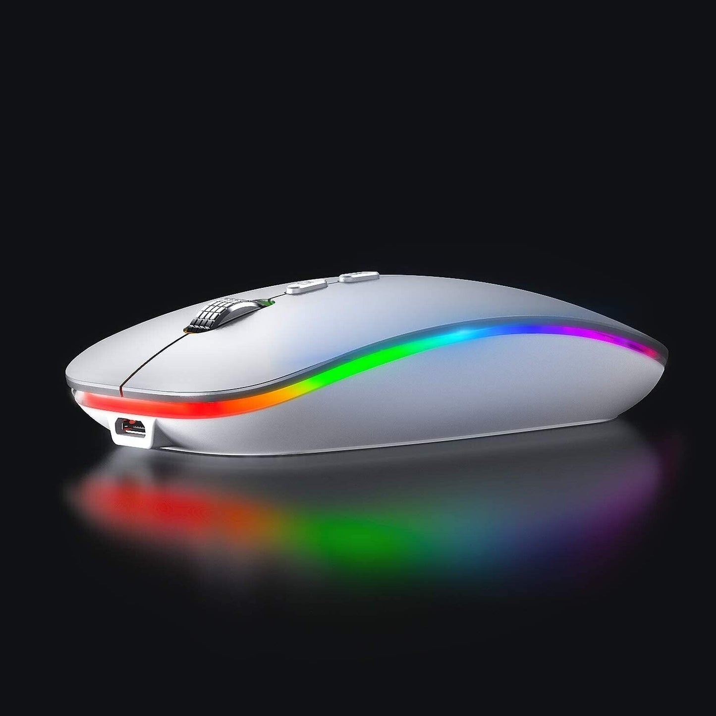 INPHIC LED Wireless Mouse, Rechargeable Silent 2.4G Wireless Computer Mouse with USB Receiver, Ultra Thin RGB Backlit Cordless Mice for Laptop, PC, Mac, Silver