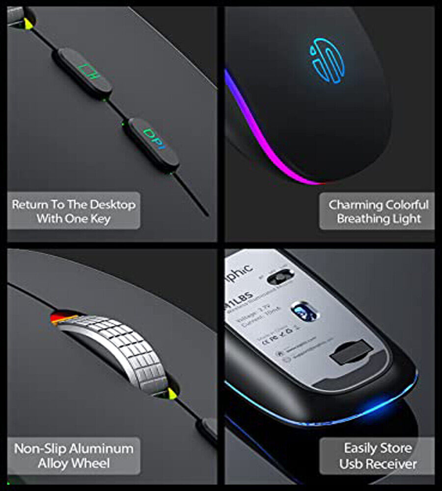 INPHIC LED Wireless Mouse, Rechargeable Silent 2.4G Wireless Computer Mouse with USB Receiver, Ultra Thin RGB Backlit Cordless Mice for Laptop, PC, Mac, Silver