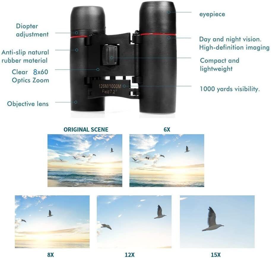 Portable Mini Binoculars,30x60 Zoom Wide View Angle Folding Binoculars Telescope with Low Light Night Vision for Outdoor Bird Watching Camping Hiking Traveling