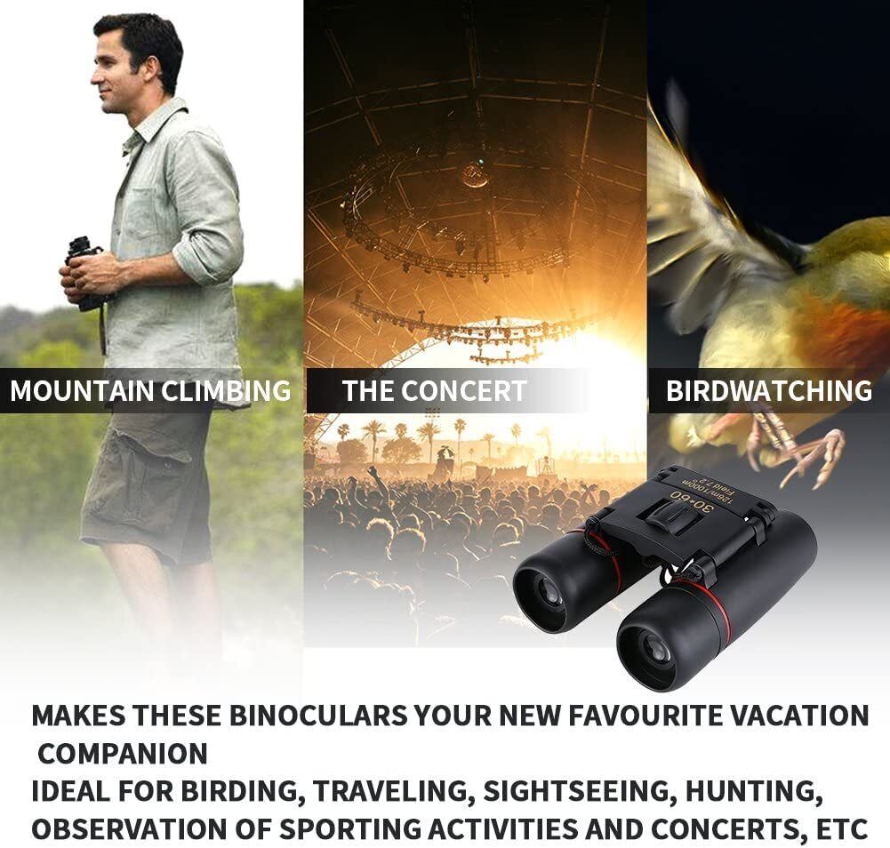 Portable Mini Binoculars,30x60 Zoom Wide View Angle Folding Binoculars Telescope with Low Light Night Vision for Outdoor Bird Watching Camping Hiking Traveling