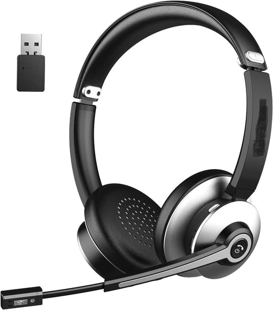 Bluetooth Headset, Wireless Headset with Microphone Noise Cancelling, On Ear Headphone with USB Dongle & Mute Button, 26hrs talk time for PC/Office/Zoom/Skype Black Silver