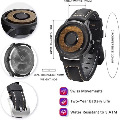 EUTOUR Men's Watch Wrist Watch, Wooden Watches Magnetic Fancy Minimalist Unisex Watches Swiss Quartz Watch with Resin/Stainless Steel Bracelet 40mm