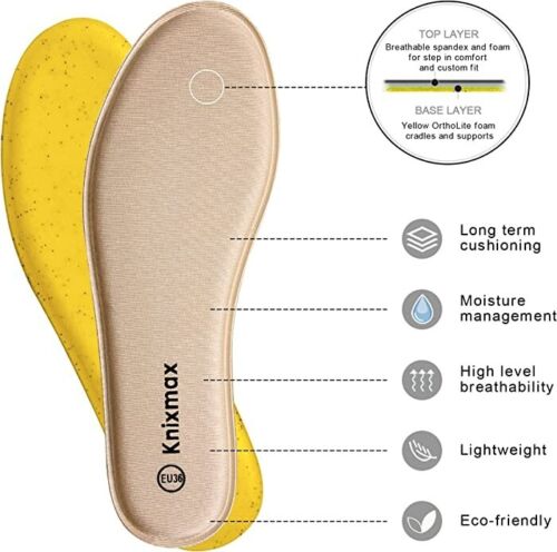 Knixmax Women Men Memory Foam Insoles Comfort Inner Soles Cushioned Shoe Inserts Shock Absorption Foot Support Pads for Running Trainers Work Boots Walking Shoes We