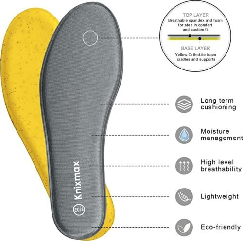 Knixmax Women Men Memory Foam Insoles Comfort Inner Soles Cushioned Shoe Inserts Shock Absorption Foot Support Pads for Running Trainers Work Boots Walking Shoes We