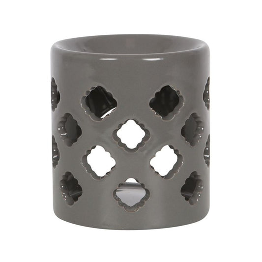 Grey Oil Burner With Lattice Cutouts