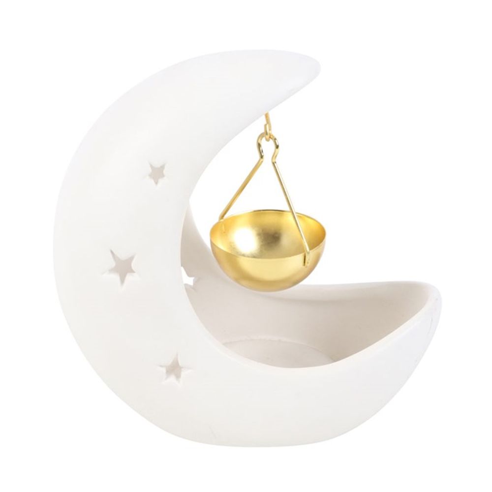 White Crescent Moon Hanging Ceramic Oil Burner with Gold Metal Dish