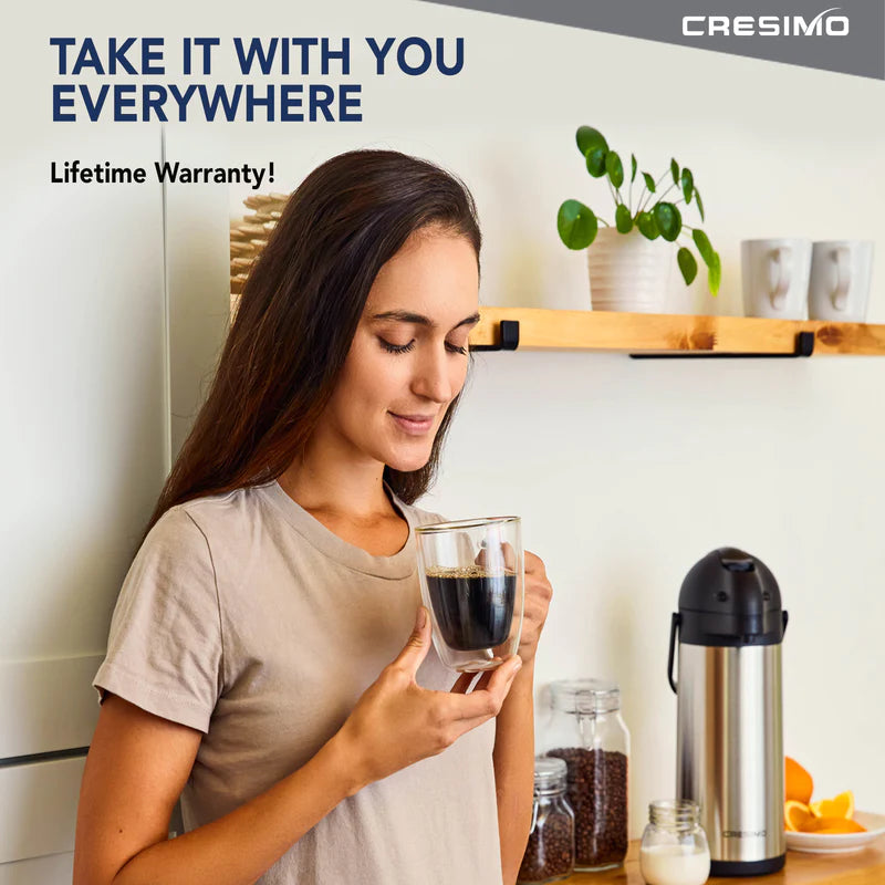 Cresimo 2.2 Liter Airpot Thermal Coffee Carafe with Pump/Lever  Action/Stainless Steel Insulated Thermos / 24 Hour Heat Retention / 24 Hour  Cold Retention / 74 Ounce Pump Coffee Pot - Coffee