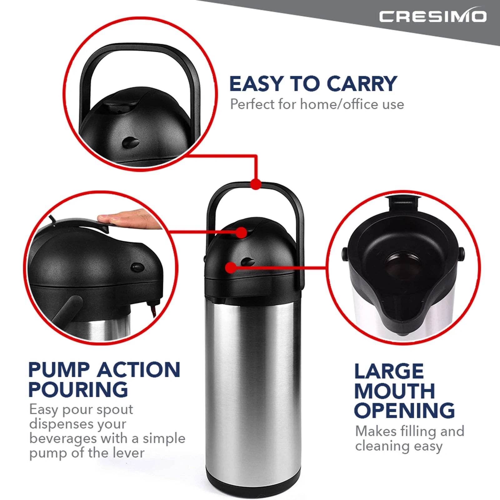 Cresimo 2.2 Liter Airpot Thermal Coffee Carafe with Pump/Lever  Action/Stainless Steel Insulated Thermos / 12 Hour Heat Retention / 24 Hour  Cold Retention / 74 Ounce Pump Coffee Pot 