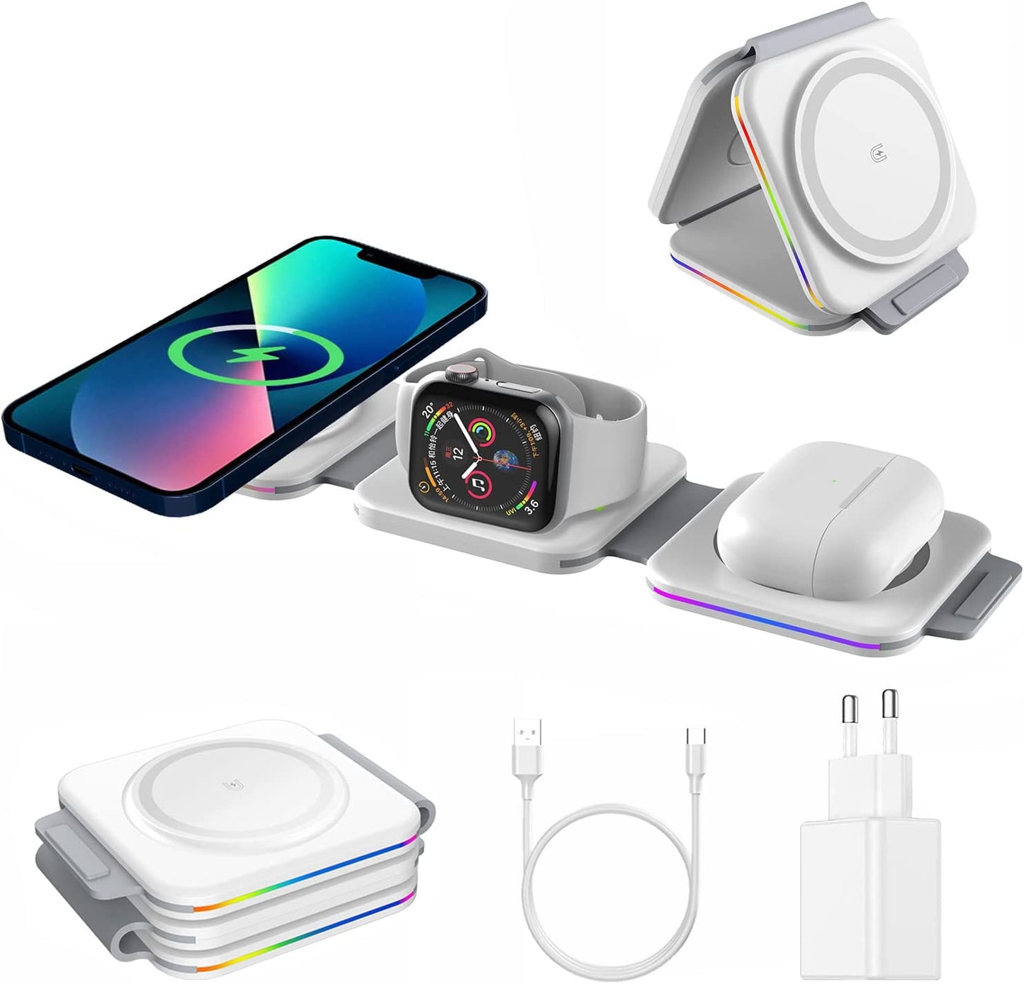 ZUMSEY Foldable Travel Wireless Charger, 3 in 1 Wireless Charging Station for iPhone 14 13 12 11 Pro Max/Mini/XS/XR, Magnetic Charging Stand for iWatch 8/7/6/SE/5/4/3/2, AirPods with Adapter