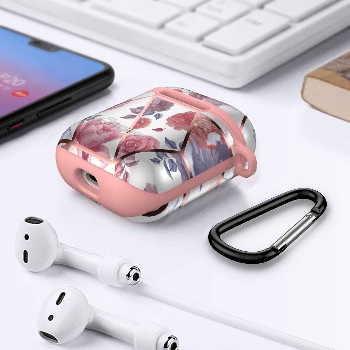 SURITCH for AirPods Case Hard ShockProof Protective Case Cover with Carabiner and Keychain Supports Wireless Charging Resistant Case Compatible with Airpods 1 and 2(ROSE, With Hook)