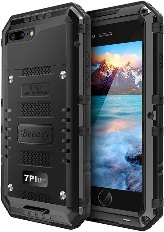 Beeasy Case Compatible with iPhone 7 Plus / 8 Plus, Shockproof Heavy Duty Waterproof with Screen Full Body Protective, Metal Impact Strong Military Cover IP68 Tough Defender Outdoor, Black