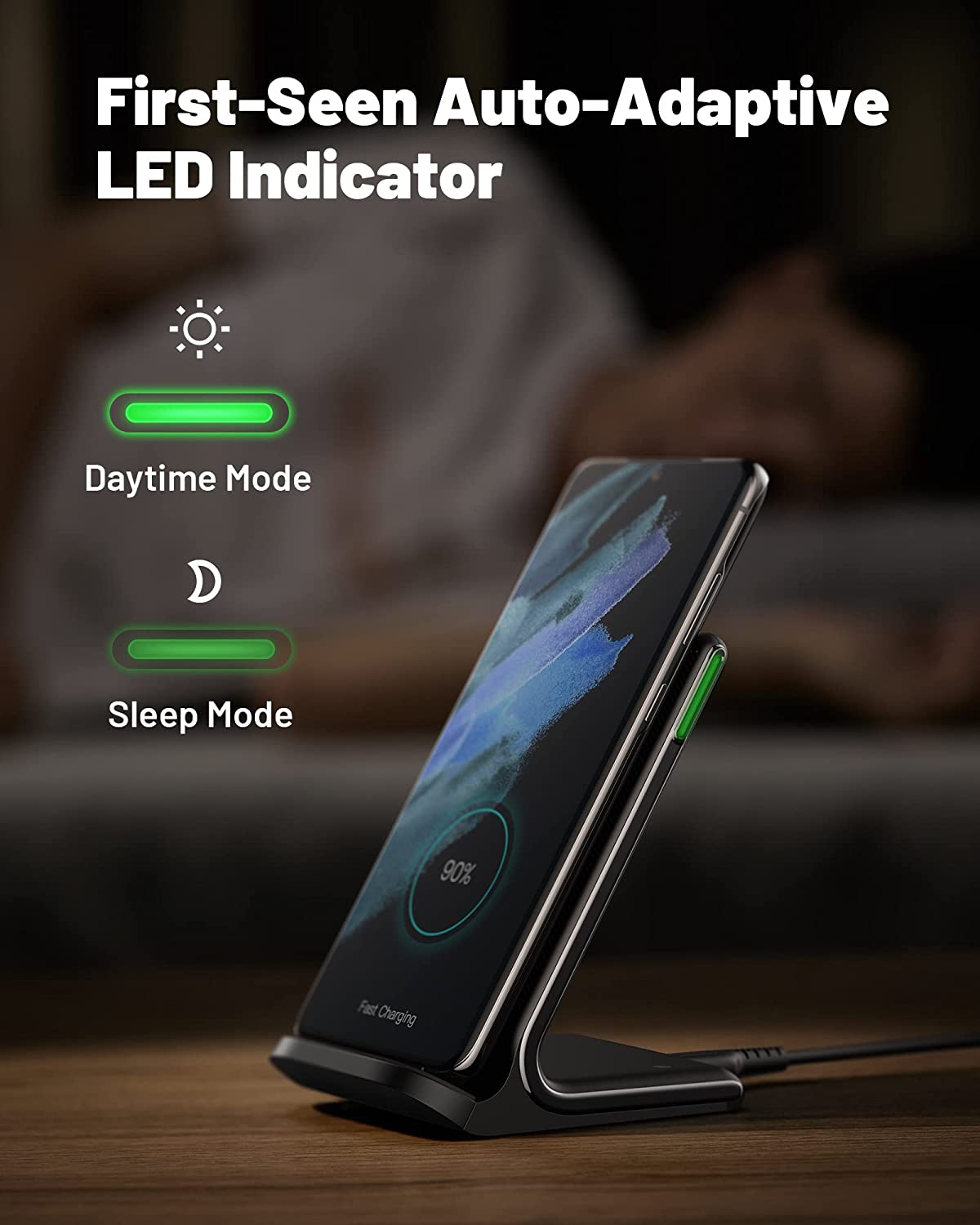 INIU Wireless Charger, 15W Fast Wireless Charging Stand Qi-Certified with Sleep-friendly Adaptive Light & Dual Charging Modes for iPhone, Samsung etc