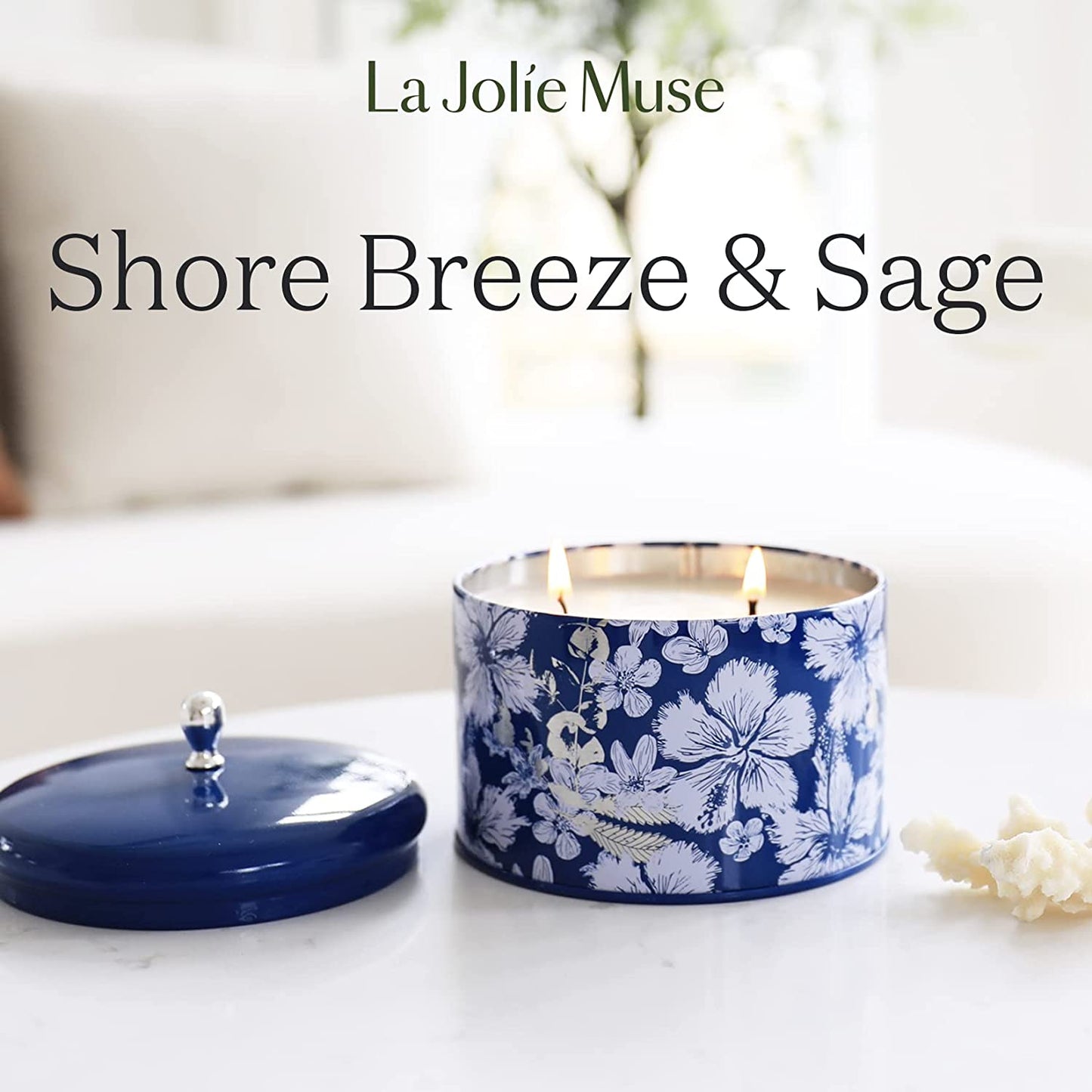 La Jolíe Muse Shore Breeze & Sage Scented Candle - 400g Large Candle Gifts for Home Scented, Natural Soy Candles, 2 Wicks for 50 Hours Long Burning