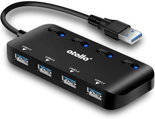 Atolla USB 3.0 Hub 4 Port - Ultra Slim USB 3.0 Data Hub with Individual On/Off Switches and LEDs USB 3.0 Extension Splitter