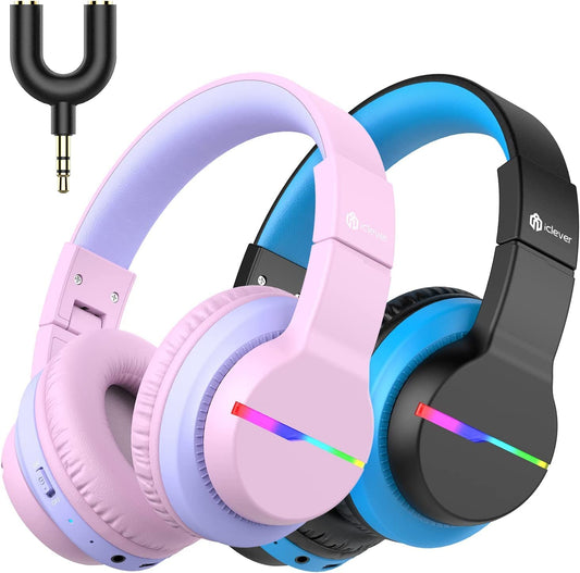 Bluetooth Kids Headphones, iClever BTH12 Colourful LED Lights Kids Wireless Headphones Over Ear with 74/85/94dB Volume Limited