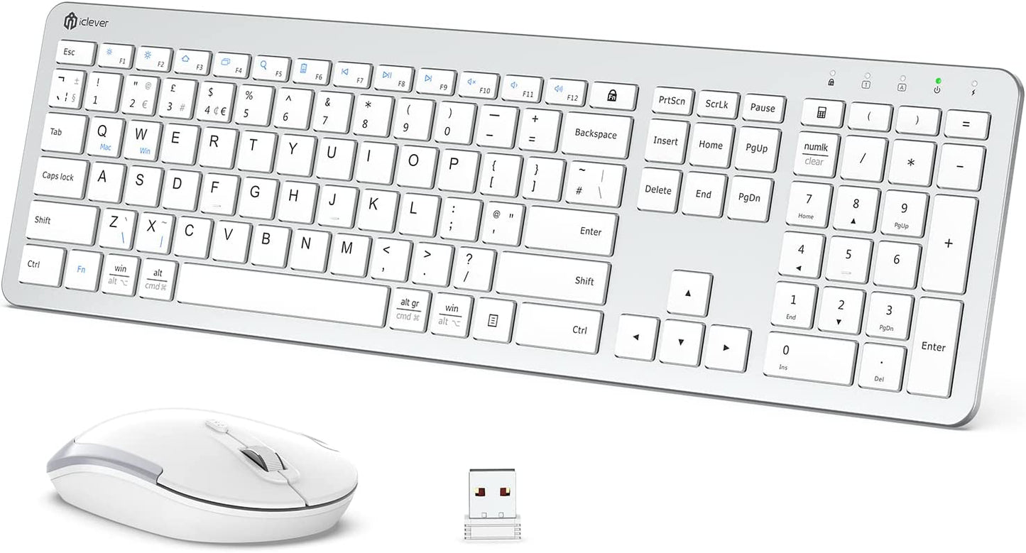 Wireless Keyboard and Mouse for Mac - iClever GK08 Rechargeable Wireless Keyboard Ergonomic Full Size Design, 2.4G Stable Connection Slim Keyboard and Mouse for Windows, Mac OS Computer Various