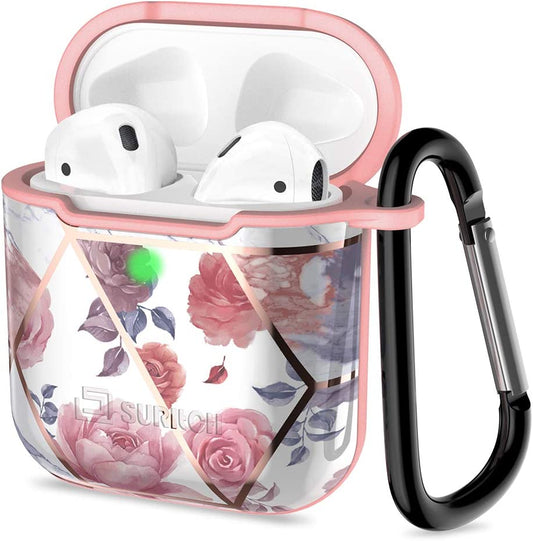 SURITCH for AirPods Case Hard ShockProof Protective Case Cover with Carabiner and Keychain Supports Wireless Charging Resistant Case Compatible with Airpods 1 and 2(ROSE, With Hook)