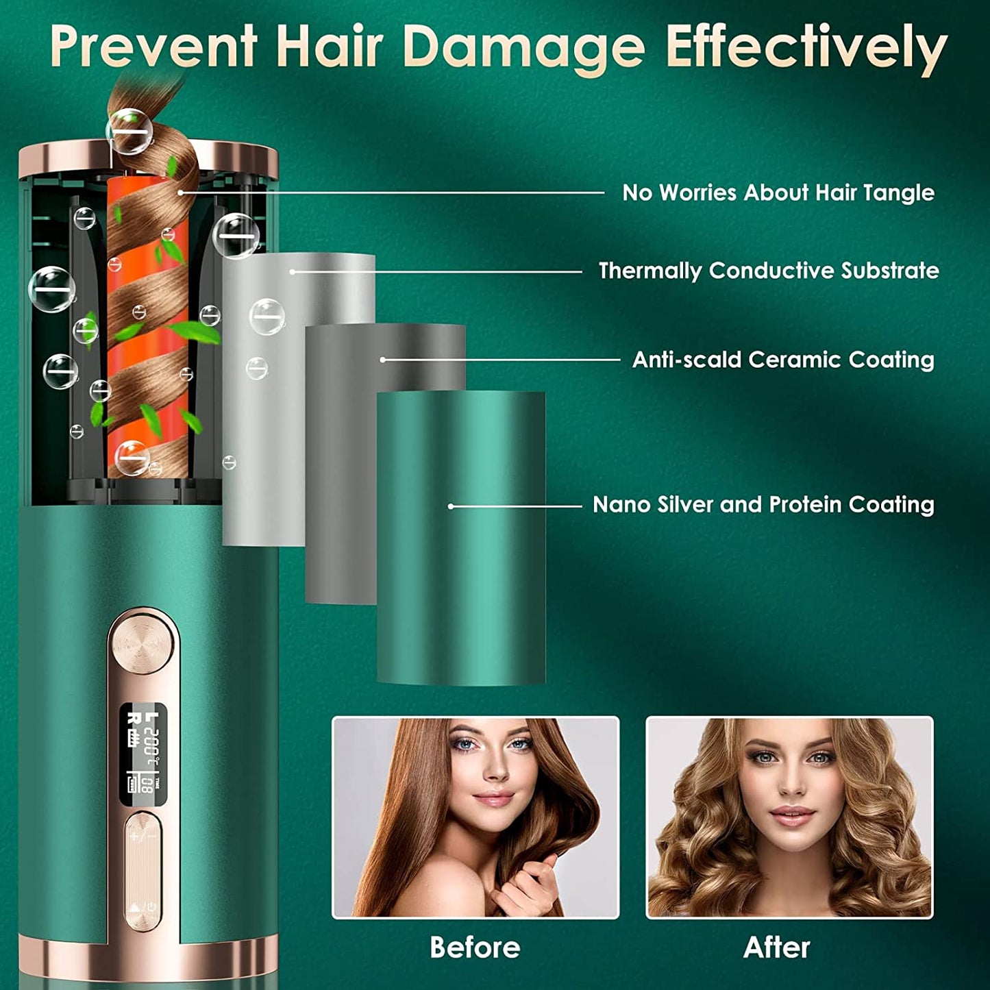 Cordless Hair Curler, Premium Automatic Curling Iron 6 Adjustable Temperature & Timer 5200mAh Rechargeable LCD Display Rotating PTC Ceramic Curling Wand