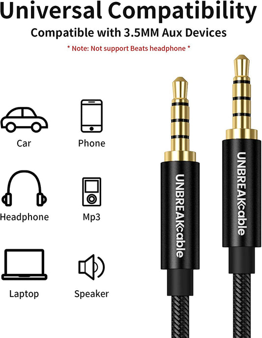 UNBREAKcable AUX Cable 3.5mm - 1.2M Nylon Braided Audio Cable Auxiliary Cable Compatible with Headphone, Car/Home Stereos, Apple iPhone iPad, Samsung, Black