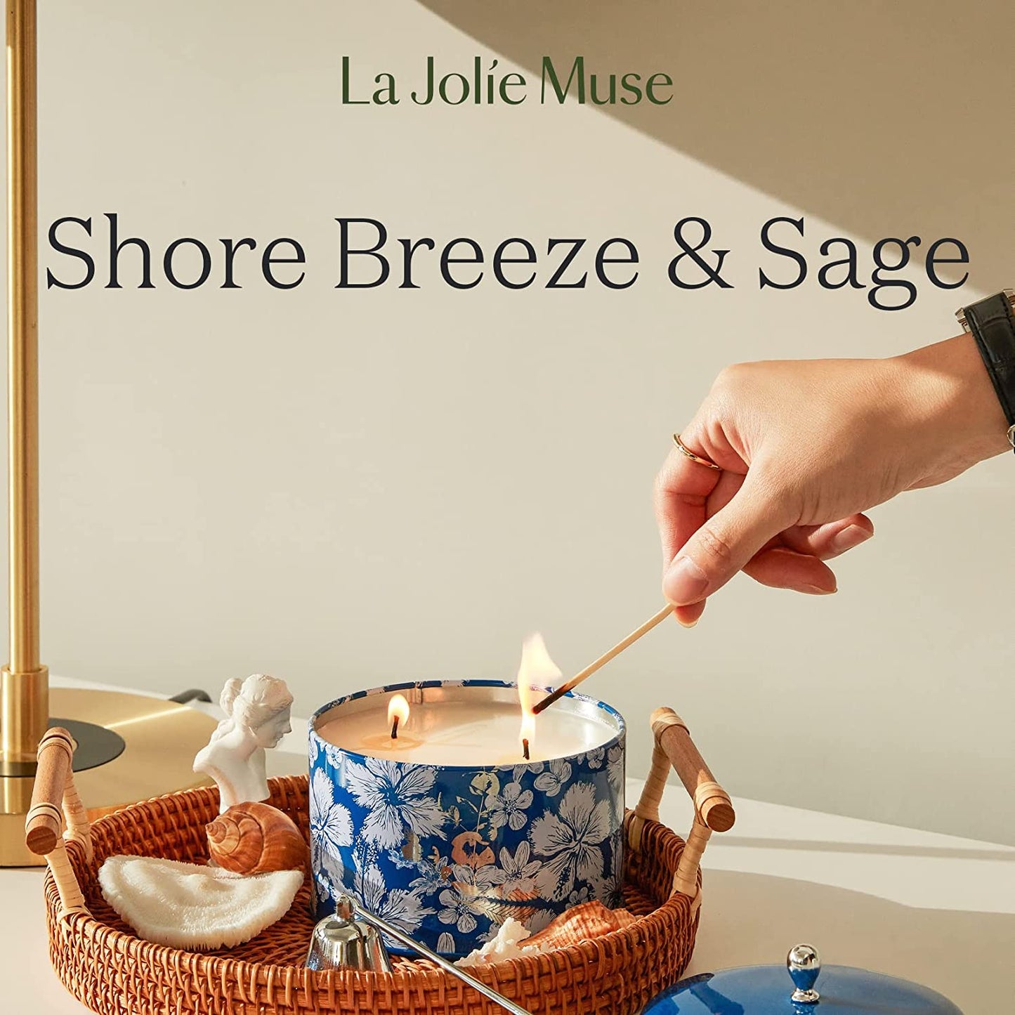 La Jolíe Muse Shore Breeze & Sage Scented Candle - 400g Large Candle Gifts for Home Scented, Natural Soy Candles, 2 Wicks for 50 Hours Long Burning