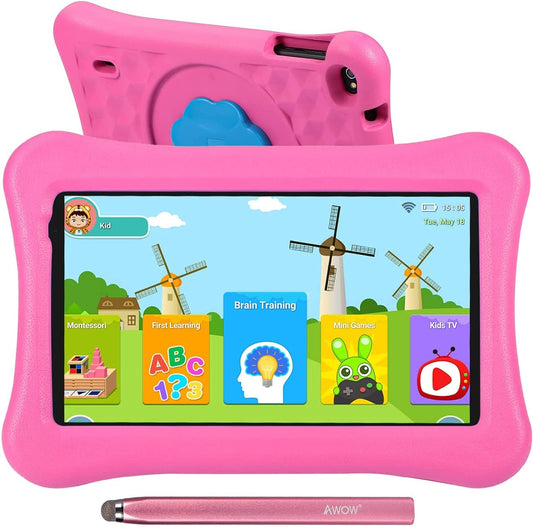 10.1inch Kids Tablet AWOW Tablet PC for Kids, iWawa Pre-Installed, Android 10 Go Quad Core, 32GB Rom, Kids-Proof case and Stylus Pen, Parental Controls, Dual Cameras, Pink
