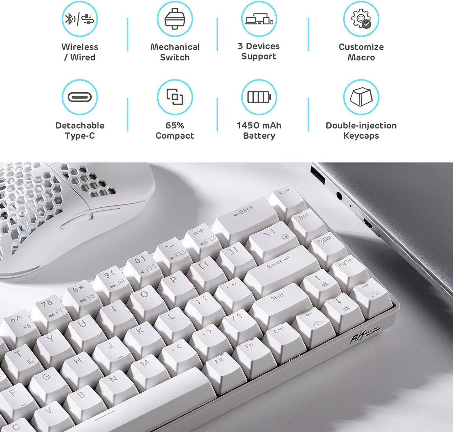 RK ROYAL KLUDGE RK68 Hot-Swappable 65% Wireless Mechanical Keyboard, 60% 68 Keys Gaming with Stand-Alone Arrow/Control Keys